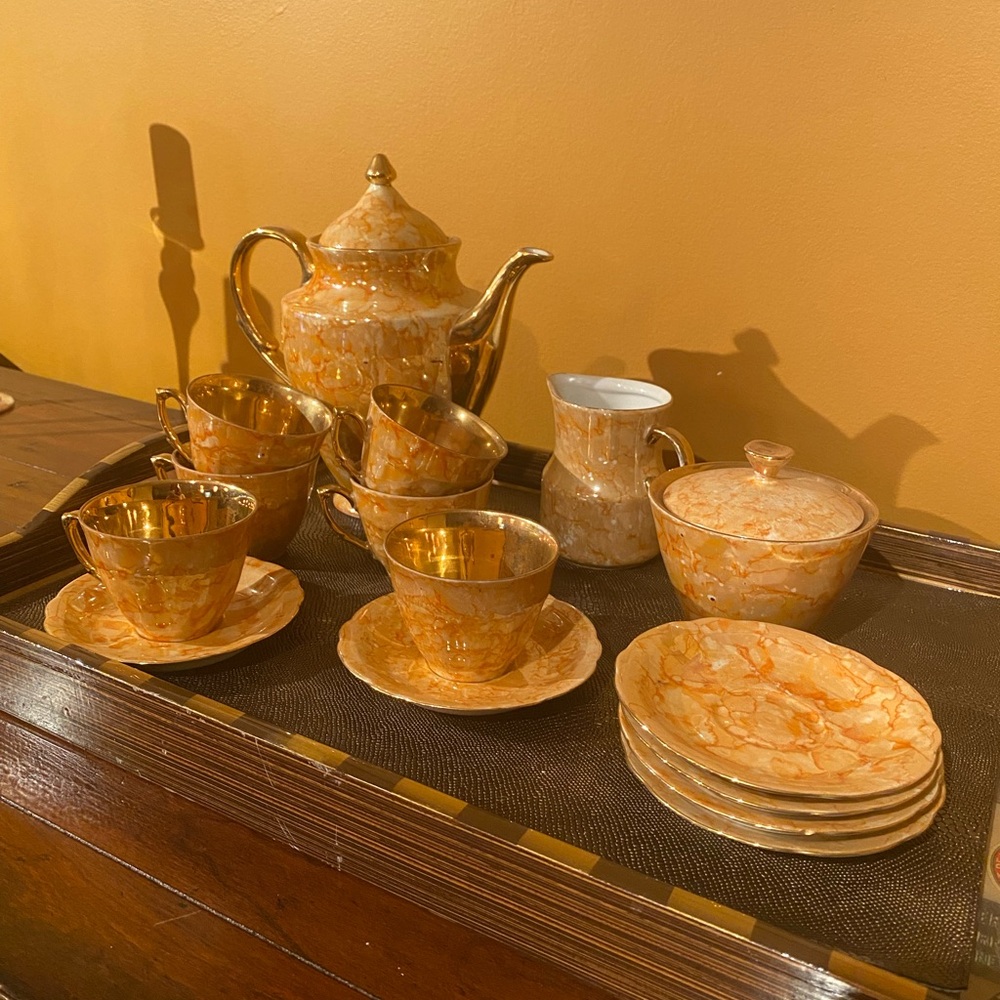 Antique Polish china Walspzycr Luxurious Gold and Cream Marble Tea Set